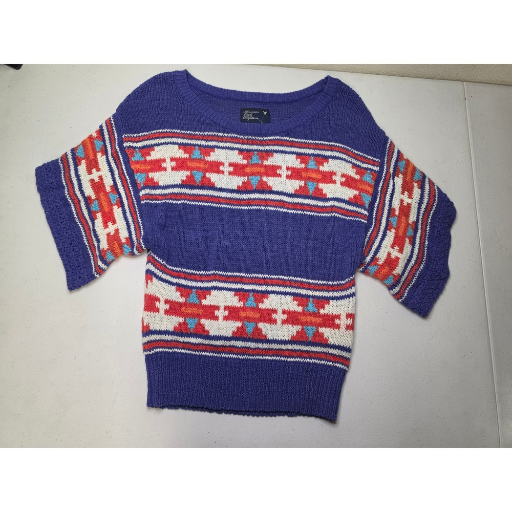 American Eagle Blue Southwestern Intarsia Short Sleeve Knit Sweater Small